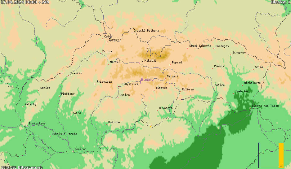 Mapa bleskov Slovensko 18.04.2024