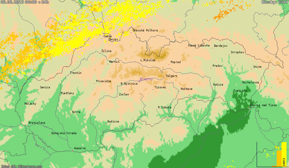 Mapa wyładowań Slovensko 2025-06-06