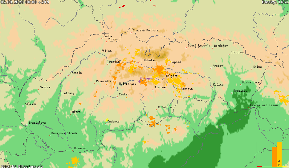 Mapa bleskov Slovensko 03.08.2026