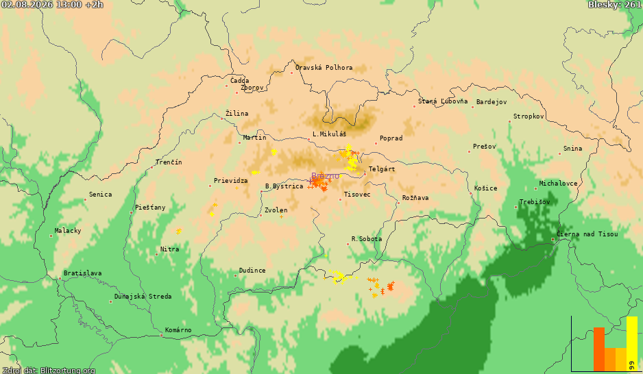 Mapa bleskov Slovensko 02.08.2026 (Animácia)