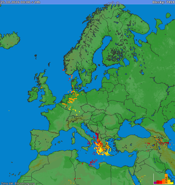 Mapa wyładowań Europa 2026-10-25